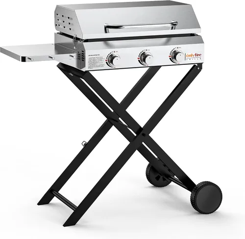 Vista 12 de ONLYFIRE GRILLS - Parrilla de mesa de gas con patas plegables, parrilla de gas propano portátil de 3 quemadores con tapa plana para cocinar al aire