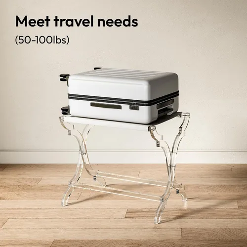 Vista 3 de Byingo Portaequipajes acrílico, elegante soporte plegable para maleta con estante de tela PET para habitación de invitados, dormitorio, hotel
