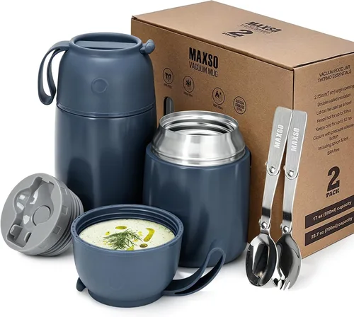 Vista 10 de MAXSO Paquete de 2 termos de sopa para alimentos fríos y calientes para niños y adultos, frascos de alimentos aislados al vacío, recipientes