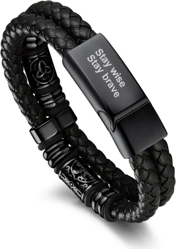 Vista 11 de Bandmax Pulseras de Puño de Cuerda de Cera Doble Negra para Hombres Impermeables de Acero Inoxidable Estilo Nórdico Nudo Celta Cuentas Pulsera
