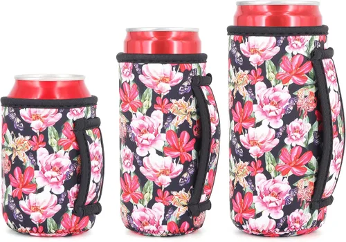 Vista 10 de 3 Pack de fundas aisladas reutilizables de neopreno con asa para soda, bebida energética, refresco, cerveza, seltzer duro, fundas para latas de 12