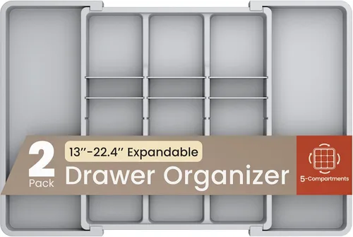 Vista 6 de Organizador de cajones de utensilios expandible negro, 1 paquete, ajustable de 13 a 22.4 pulgadas, organizador de cubiertos de 5 compartimentos