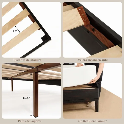 Vista 5 de Bme Ethan - Base de cama Queen con cabecera de diamante, moderna de mediados de siglo, madera de acacia maciza, no necesita somier, se adapta a