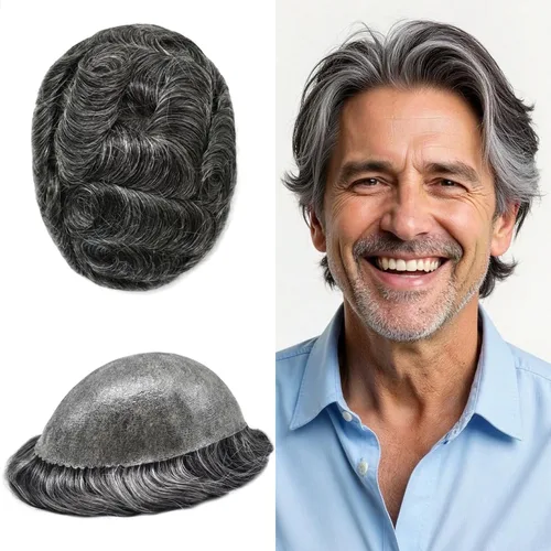 Vista 453 de Toupee para hombre 100% cabello humano real tupé para hombres 0.004 in piel de poliuretano para hombre, sistema de reemplazo de piezas de pelo