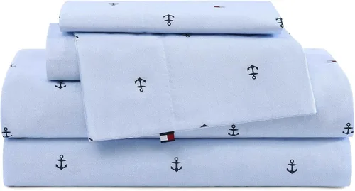 Vista 49 de Tommy Hilfiger - Sábanas para cama individual, ropa de cama de percal de algodón crujiente y fresca con funda de almohada a juego, juego de cama