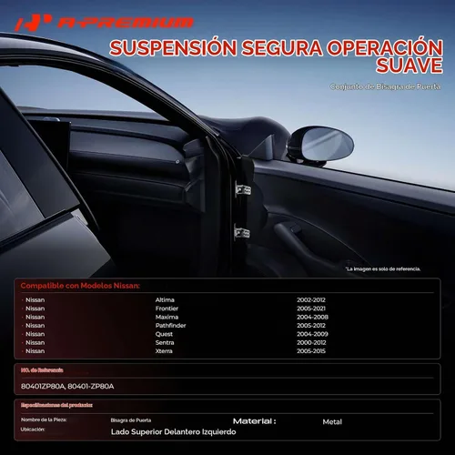 Vista 2 de A-Premium Conjunto de bisagra de puerta lateral superior del conductor delantero compatible con Nissan Altima 2002-2012, Sentra 2000-2012, Frontier