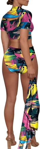 Vista 2 de Viottiset - Traje de baño de 3 piezas con estampado, bikini de cintura alta y pareo de playa para mujer