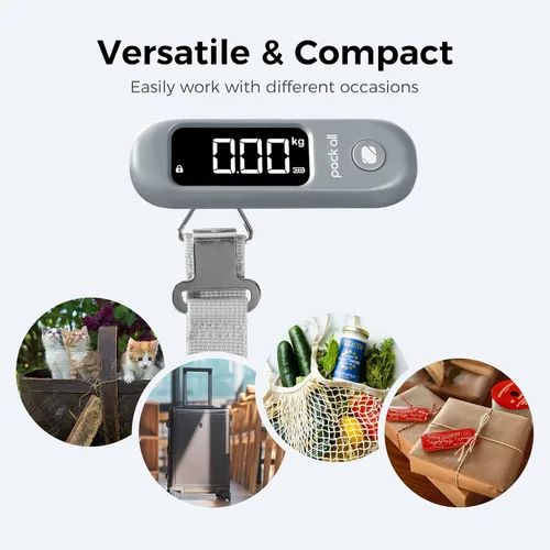 Vista 5 de pack all Báscula de equipaje de 110 libras, báscula digital de equipaje de mano, báscula de peso para maleta de viaje con pantalla LCD, batería