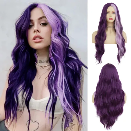 Vista 14 de Tseses Pelucas largas y onduladas de color azul degradado para mujer, pelucas de cabello sintético con raíces oscuras, cosplay, fiesta de Halloween