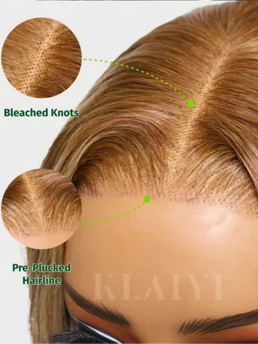 Vista 4 de KLAIYI Bye Bye Knots Peluca Sin Pegamento Ombre Highlight Rubio Body Wave Precortada 7x5 Encaje Frontal Pelucas Cabello Humano Pre Plucked Body Wave