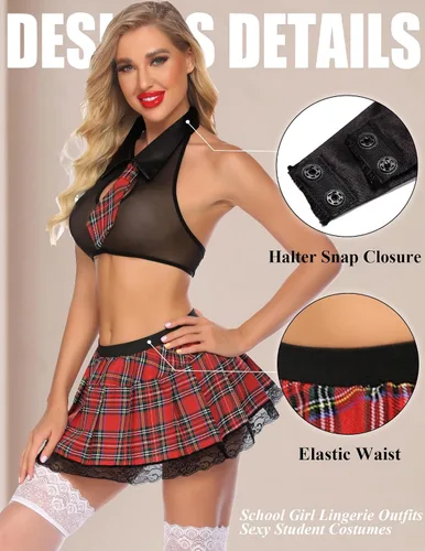 Vista 4 de Avidlove - Conjunto de lencería sexy para mujer, disfraz de colegiala con top, corbata y minifalda