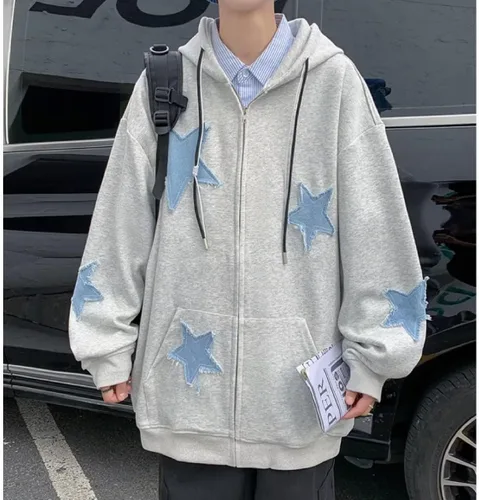 Vista 3 de Y2K Sudadera con capucha para mujer, diseño de estrellas grunge, con cremallera, Acubi Emo de gran tamaño, chaqueta con capucha Harajuku, ropa Alt