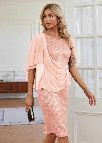 Vista 4 de Hanna Nikole Vestidos de lentejuelas para mujer, de gasa, con volantes, manga de capa, para fiesta, club, cóctel