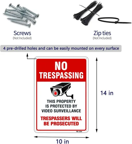 Vista 5 de Paquete de 2 letreros de metal grandes sin tropiezos de videovigilancia, 10 x 14 pulgadas, aluminio libre de óxido, propiedad protegida por cámara