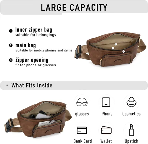 Vista 5 de Chinllo Riñonera para mujer, bolsa cruzada de moda para cinturón de cuero vegano con correa ajustable, Café, Moda