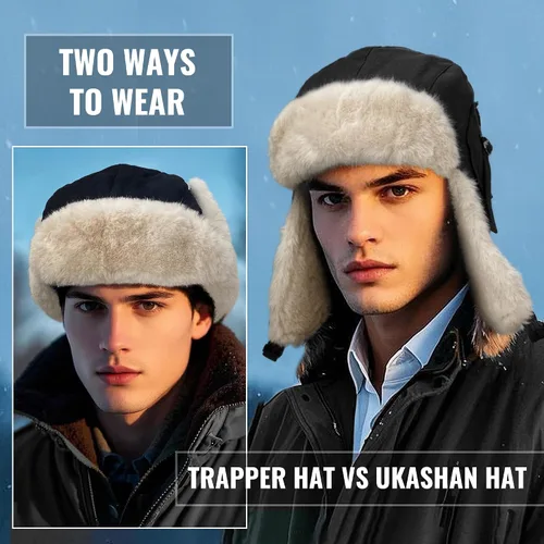 Vista 4 de CLAPE Men Winter Trapper Hat Warm Thick Trooper Hats with Ear Flaps Russian Ushanka Hat Hunting Ski Cap