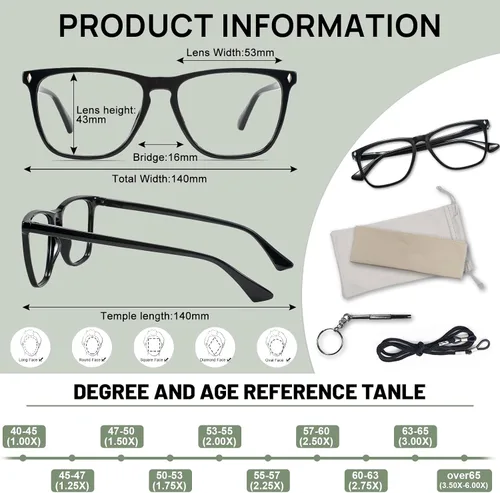 Vista 6 de AEZUNI Oversized Square Reading Glasses for Women Classic Large Frame Readers 1.0 1.5 2.0 2.5 3.0 3.5 4.0 5.0 6.0 Negro