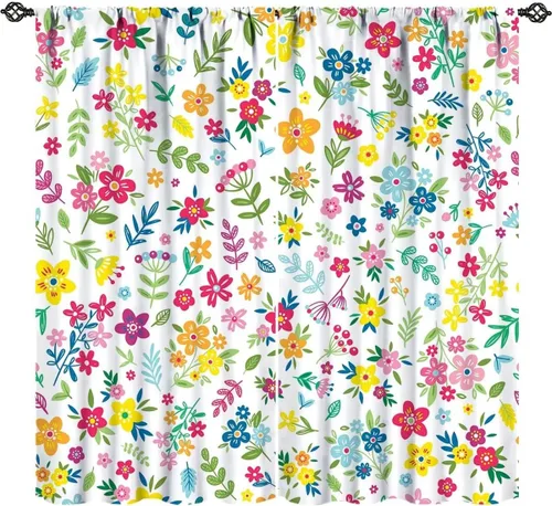 Vista 15 de Cortinas de cocina con hojas de acuarela, diseño de girasol, floral, plantas campestres, primavera, naturaleza, arte, impreso, tela para el hogar