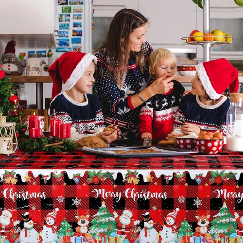 Vista 5 de Tiamon 3 piezas de mantel de Navidad 54 x 108 pulgadas, rojo, negro, mantel a cuadros de búfalo para mesa rectangular, mantel desechable de plástico