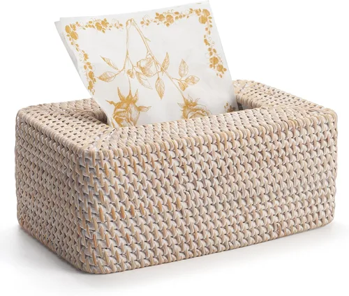 Vista 10 de Funda rectangular para caja de pañuelos de ratán, soporte rectangular de mimbre para pañuelos faciales, para baño, cocina, sala de estar, dormitorio