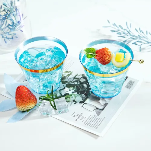 Vista 3 de LUODA 150 vasos de plástico azul, vasos desechables transparentes de 9 onzas con borde dorado, vasos de plástico con borde dorado, vasos de plástico