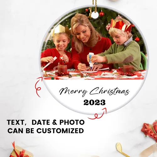Vista 3 de Adornos de Navidad personalizados 2024, adorno colgante con texto fotográfico personalizado, regalo de recuerdo para decoraciones de árbol
