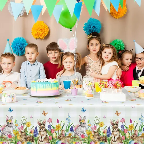 Vista 6 de Riakrum Mantel de Pascua rectangular de plástico con huevos de conejo, mantel floral para decoración y suministros de fiesta de Pascua, primavera