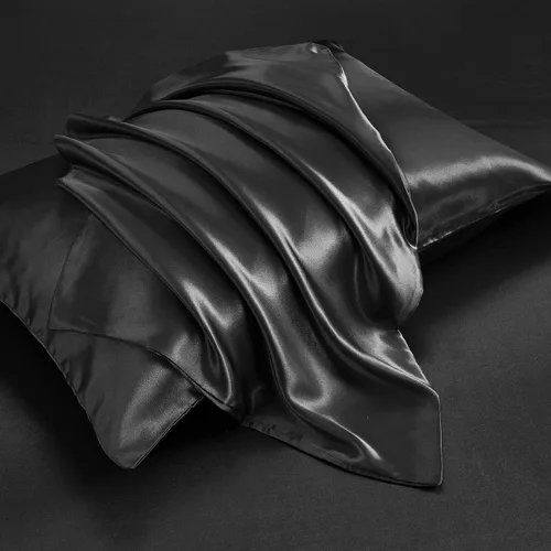 Vista 4 de Juego de sábanas de satén de 4 piezas de color negro tamaño individual, juego de ropa de cama de satén sedoso negro con 1 sábana encimera de satén
