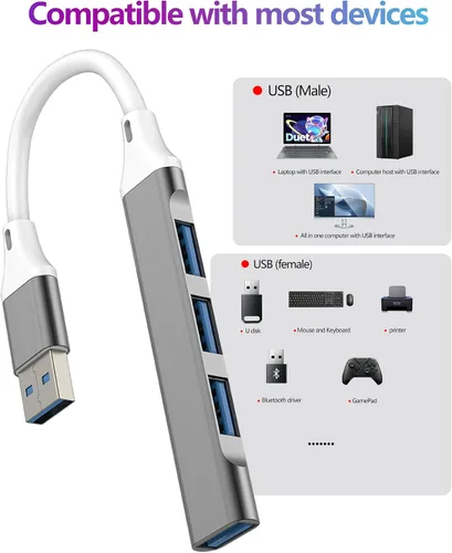 Vista 6 de USB a USB-A HUB (4 en 1) OTG 3.0 Cable Jack Adaptador de 4 puertos Multipuerto Splitter Laptop PC MacBook Dongle Estación de acoplamiento Extensión