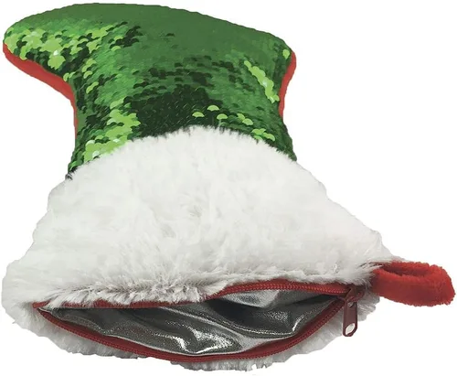 Vista 3 de iscream Mini almohada reversible en forma de calcetín con lentejuelas rojas y verdes y piel sintética de 10 pulgadas con cremallera Calcetín