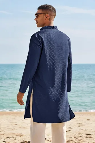 Vista 3 de Runcati Camisa Henley con textura Kurta Thobe para hombre Azul marino