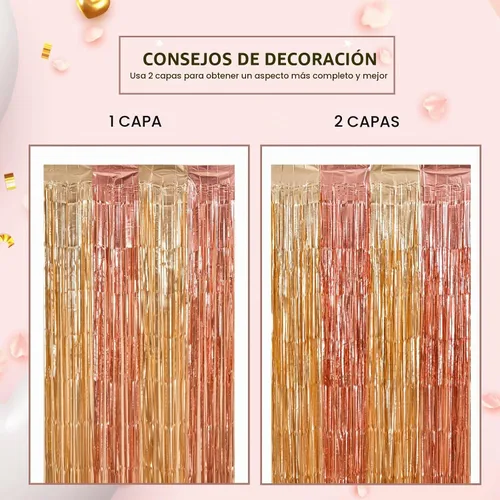 Vista 6 de LOLStar - Cortinas de flecos de papel de aluminio de oro rosa, fondo de fiesta dorado rosa, paquete de 2