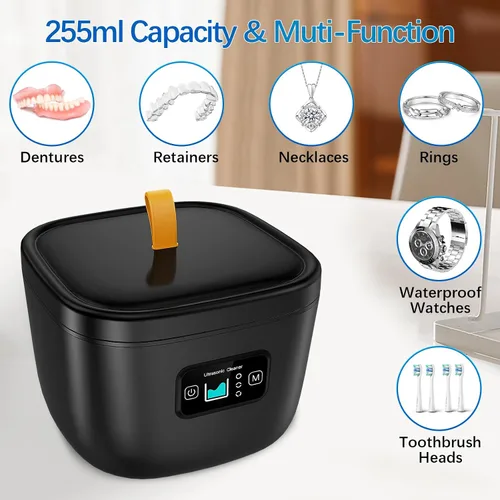 Vista 4 de Raccomb Limpiador ultrasónico de retenedores para dentaduras UV Limpiador ultrasónico 45kHz 255ML 3 modos de limpieza ultrasónico ajustable