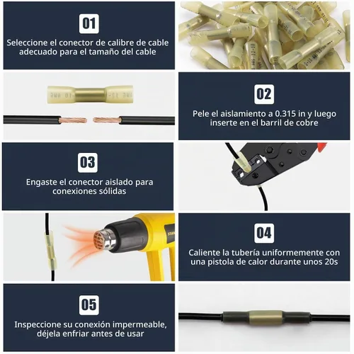 Vista 5 de 50 conectores de cable a tope termorretráctiles, 50 unidades de 12-10 AWG con aislamiento amarillo, impermeables, conectores de cable eléctrico