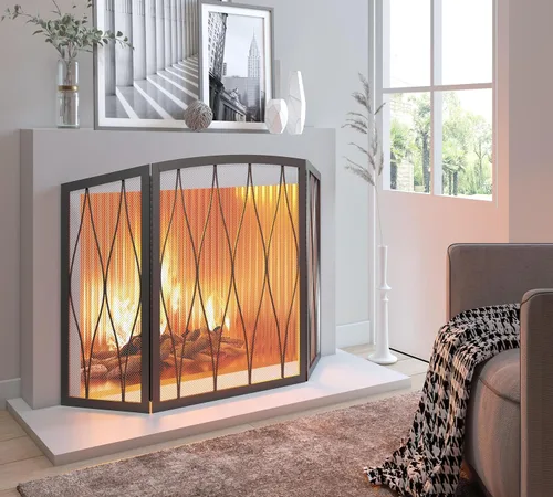 Vista 5 de Kingson - Pantalla de chimenea a prueba de niños de 3 paneles, de hierro forjado moderno, hecha a mano, plegable, de malla metálica, resistente