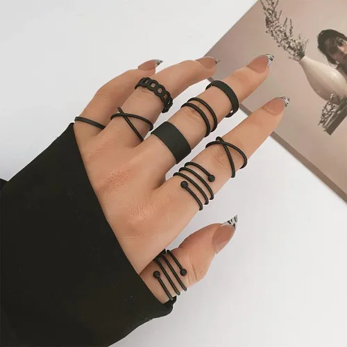 Vista 8 de Juego de anillos negros para nudillos para mujer, vintage, apilables, anillos midi bohemios, de cristal, perla y ola marina, paquete de anillos