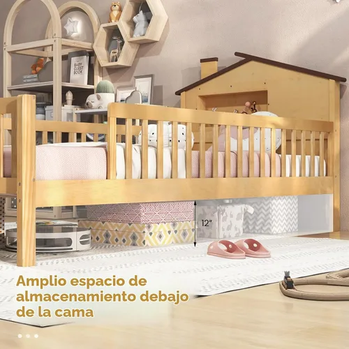 Vista 8 de KOMFOTT Base de cama individual con rieles y cabecera en forma de casa, plataforma de madera maciza con barandillas de seguridad, cubo de Natural