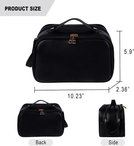 Vista 2 de Neceser de aseo personal, organizador de artículos de aseo de viaje de piel sintética, doble cremallera, bolsa de cosméticos de viaje de gran Negro
