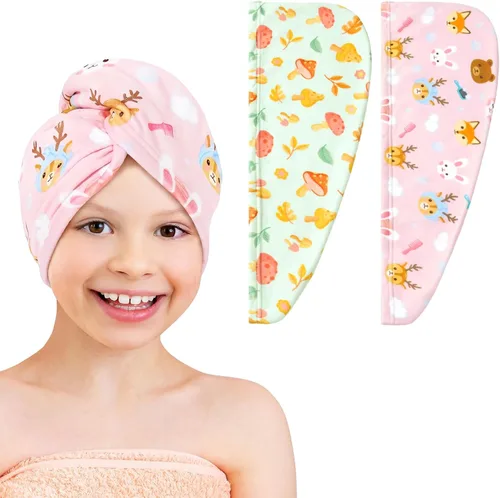 Vista 11 de WAWSAM Paquete de 2 toallas de secado de cabello para niños, toalla de microfibra para el cabello para niñas, gorro de pelo de secado rápido con Azul