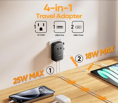 Vista 2 de Olcorife PD25W Mini adaptador de viaje, adaptador de corriente universal con 2 USB-C 1 USB-A, adaptador de enchufe internacional, esenciales