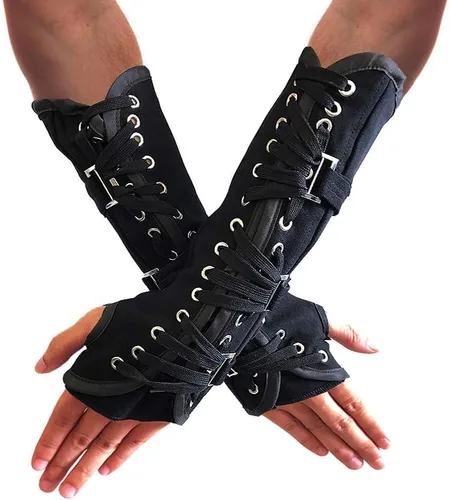 Vista 4 de MJ Michael - Guante sin dedos clásico BAD Jam Punk Armbrace de algodón, vendajes con hebillas, guante negro, Negro