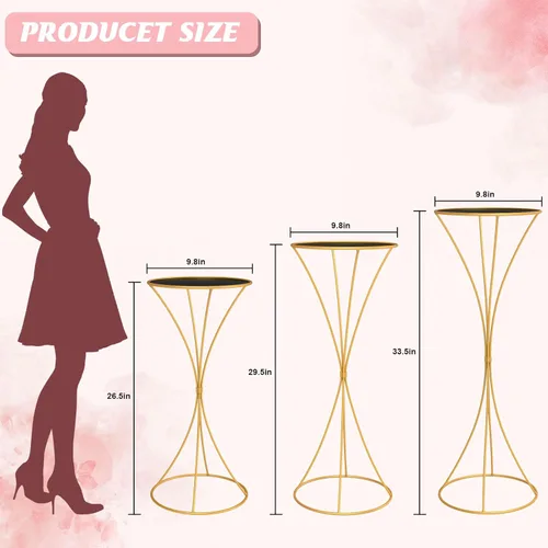 Vista 4 de chamvis Soporte para plantas de metal dorado, 3 soportes de pedestal cilíndrico alto para fiestas y bodas, mesas cilíndricas redondas doradas