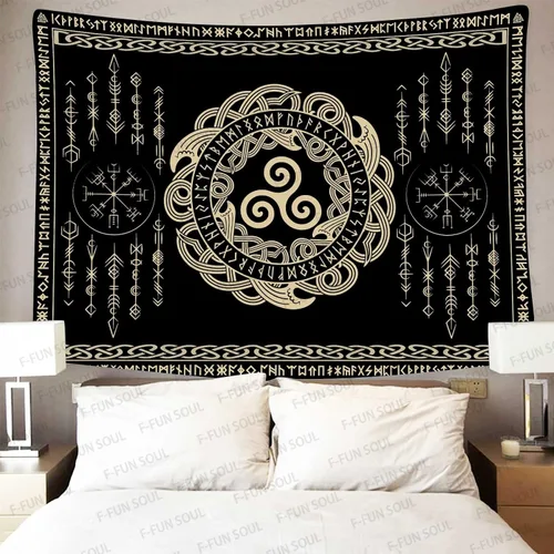 Vista 4 de F-FUN SOUL Tapiz de los vikingos nórdicos, franela suave, 40 x 30 pulgadas, nudo triskele vikingo, runa celta, tapiz de mitología estética
