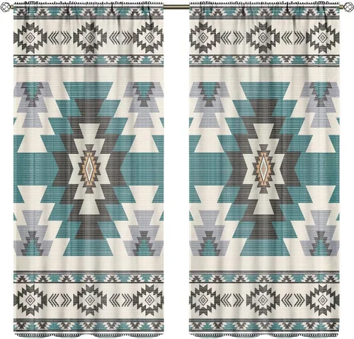 Vista 237 de Cortinas con patrón geométrico tribal, estilo suroeste, azteca, rústico, occidental, nativo americano, opacas, con bolsillo para barra, decoración