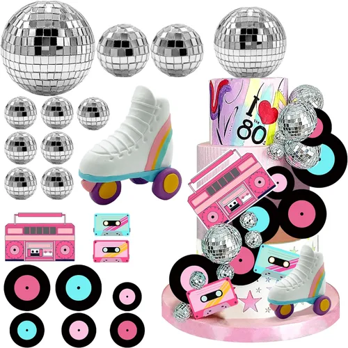 Vista 7 de 30 adornos para tartas de los años 80 y 90, decoraciones retro de hip hop, decoraciones de pasteles de bolas pastel para niños o niñas, 80 y 90