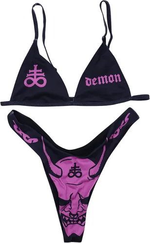 Vista 6 de AIBEARTY Traje de baño de dos piezas con estampado de calaveras para mujer, conjunto de bikini triangular de corte alto para fiesta, festival
