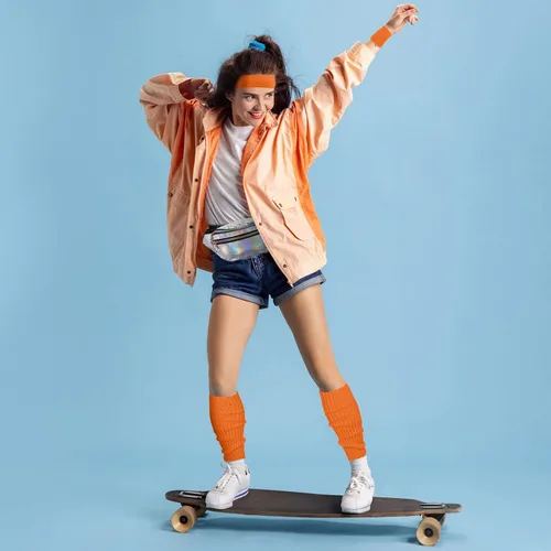 Vista 7 de SATINIOR Juego de calentadores de piernas de neón de los años 80 para mujer, cangurera holográfica, calentadores de piernas de punto, muñequeras