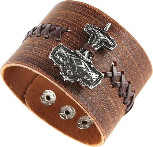 Vista 6 de HZMAN Mjölnir - Pulsera de piel auténtica para hombre, diseño gótico, ajustable, estilo gótico