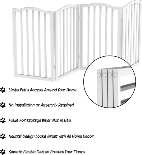 Vista 4 de PETMAKER - Puerta plegable para mascotas para interiores, 4 paneles para escaleras o puertas, valla independiente para mascotas de 73.5 x 32 Blanco