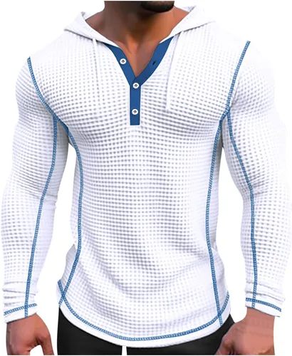 Vista 6 de Sudaderas con capucha para hombre, casuales, de manga larga, con cordón, de punto gofre, sudadera con capucha de ajuste muscular, camisetas
